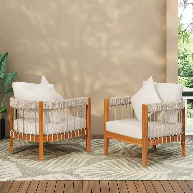 TUYOHW Patio Accent Chairs with Handwoven Rope Frame,2-Piece,Upholstered Outdoor Armchair Acacia Club Chair for Backyard&Garden,400lbs Capacity