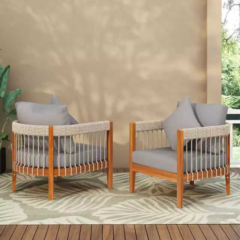 Sedie da esterno TUYOHW con telaio in corda intrecciata a mano, set da 2, poltrone imbottite da esterno, poltrona club in acacia per giardino e cortile, capacità 180 kg