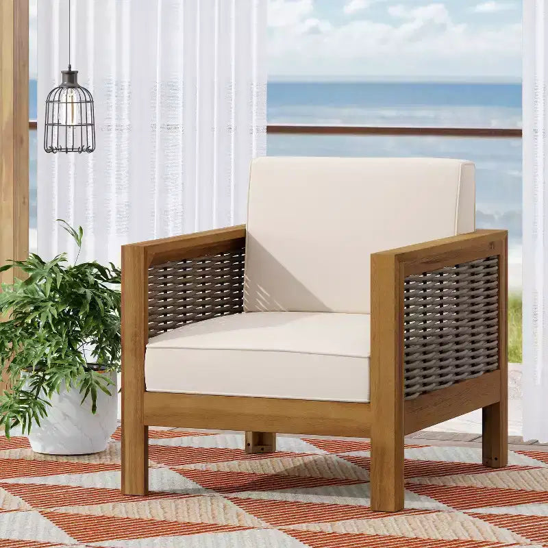 TUYOHW Patio Accent Chairs with Wicker Frame,1-Piece,Upholstered Outdoor Armchair Acacia Club Chair for Backyard,Patio & Garden,400lbs Capacity