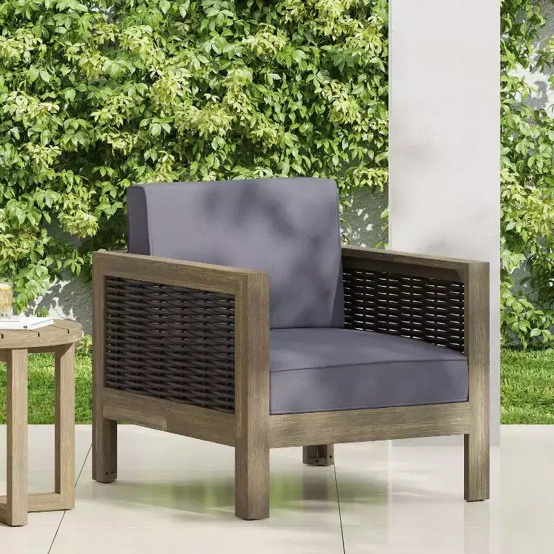 TUYOHW Poltrone da esterno con struttura in vimini, 1 pezzo, Poltrona da giardino imbottita in acacia per cortile, patio e giardino, Capacità 180 kg