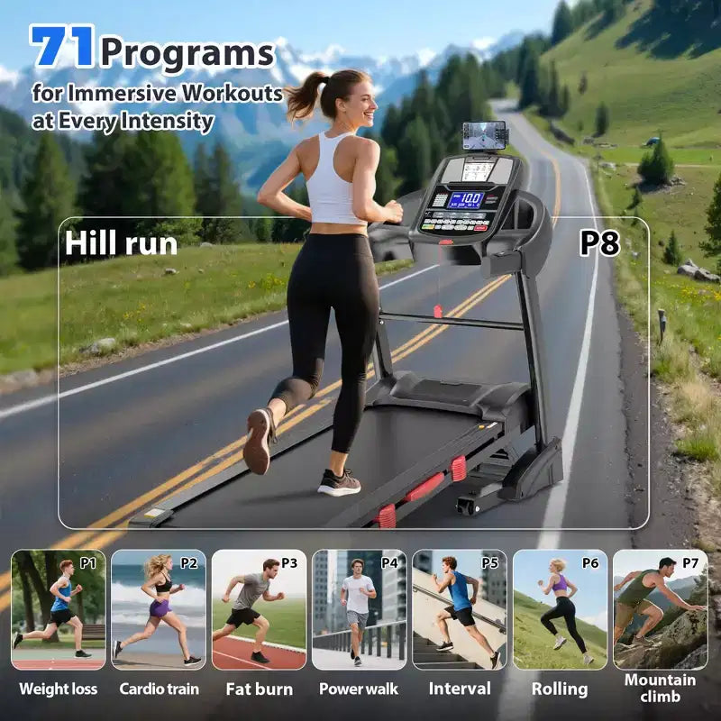 Tapis Roulant Pieghevole da 5 HP con Inclinazione Automatica del 20% per la Casa con Capacità di 180 kg, Tapis Roulant per Camminata e Corsa con Controllo tramite APP Intelligente, 71 Programmi, Tapis Roulant da 19 km/h