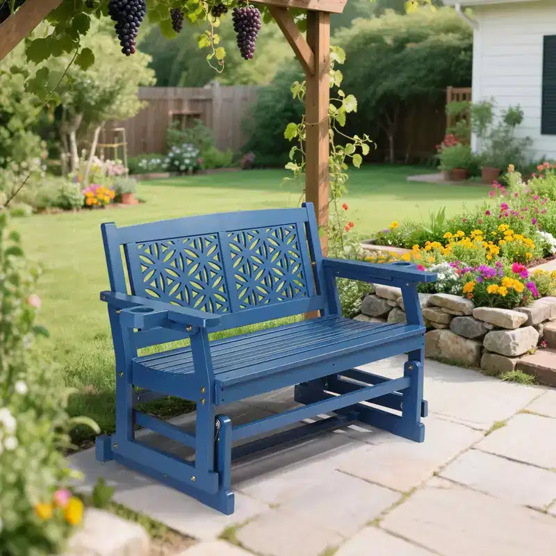 Karl Home | Double Seat Fir Wood Patio Glider Bench with Floral Backrest