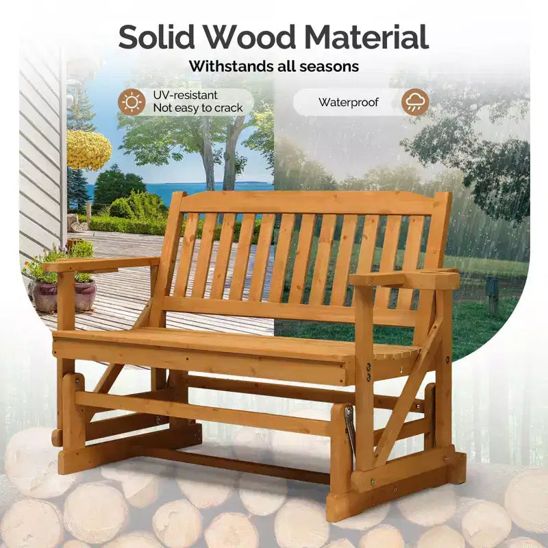 Karl Home | Double-Seat Fir Wood Patio Glider Bench with Vertical Slat Backrest
