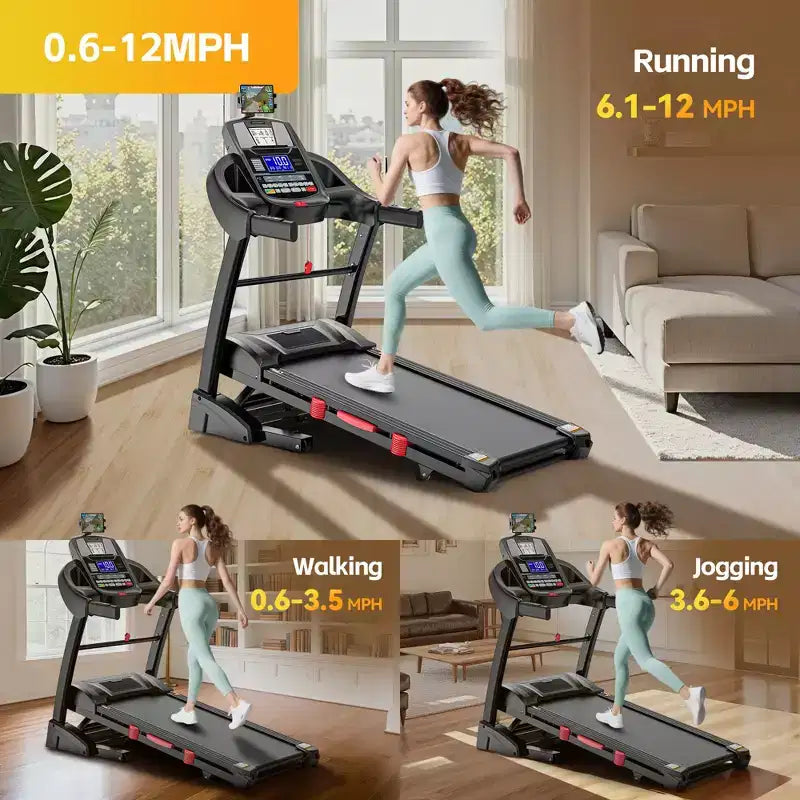 Tapis roulant da 180 kg di capacità, tapis roulant pieghevole con inclinazione del 20%, tapis roulant elettrico con controllo tramite APP, 0,6-12 MPH, 64+3+3+1 programmi, assorbimento degli urti