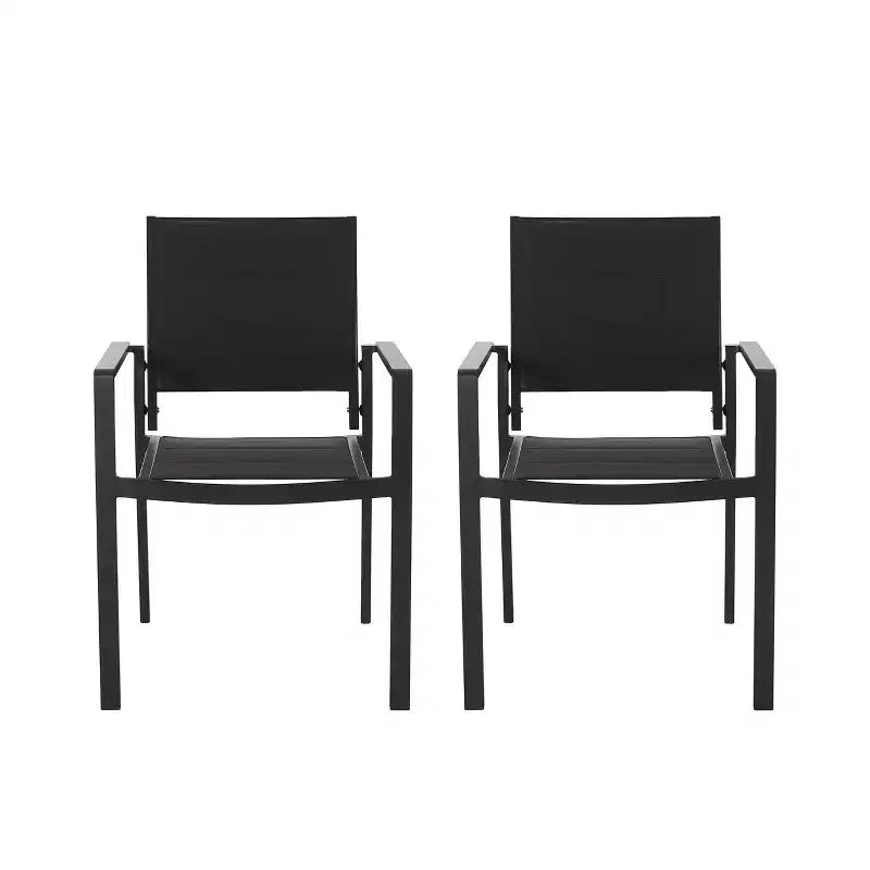 Modern Outdoor Dining Chair Set with Aluminum Frame, Mesh Seating, and Faux Wood Accents Design for Patios, Gardens, and Backyard Dining Black