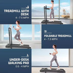 KRISRATE Tapis Roulant Pieghevole 4 in 1 da 3,5 CV con Inclinazione del 15%, Scrivania e Manubrio Rimovibili, Tapis Roulant Pieghevole Sotto Scrivania per Casa/Ufficio/Palestra