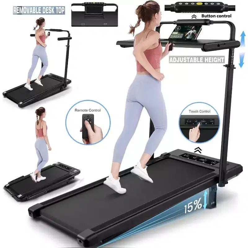 KRISRATE Tapis Roulant Pieghevole 4 in 1 da 3,5 CV con Inclinazione del 15%, Scrivania e Manubrio Rimovibili, Tapis Roulant Pieghevole Sotto Scrivania per Casa/Ufficio/Palestra