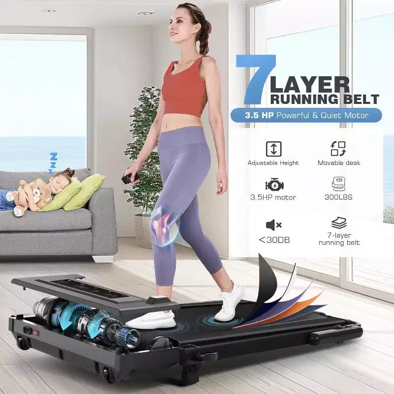 KRISRATE Tapis Roulant Pieghevole 4 in 1 da 3,5 CV con Inclinazione del 15%, Scrivania e Manubrio Rimovibili, Tapis Roulant Pieghevole Sotto Scrivania per Casa/Ufficio/Palestra
