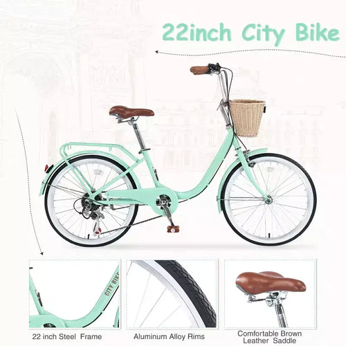 Bici da Strada da 22, Bici da Città Cruiser in Acciaio da 13, 7 Velocità con Doppio Freno e Cestino, Bici da Pendolare per Uomini e Donne per Ciclismo all'Aperto