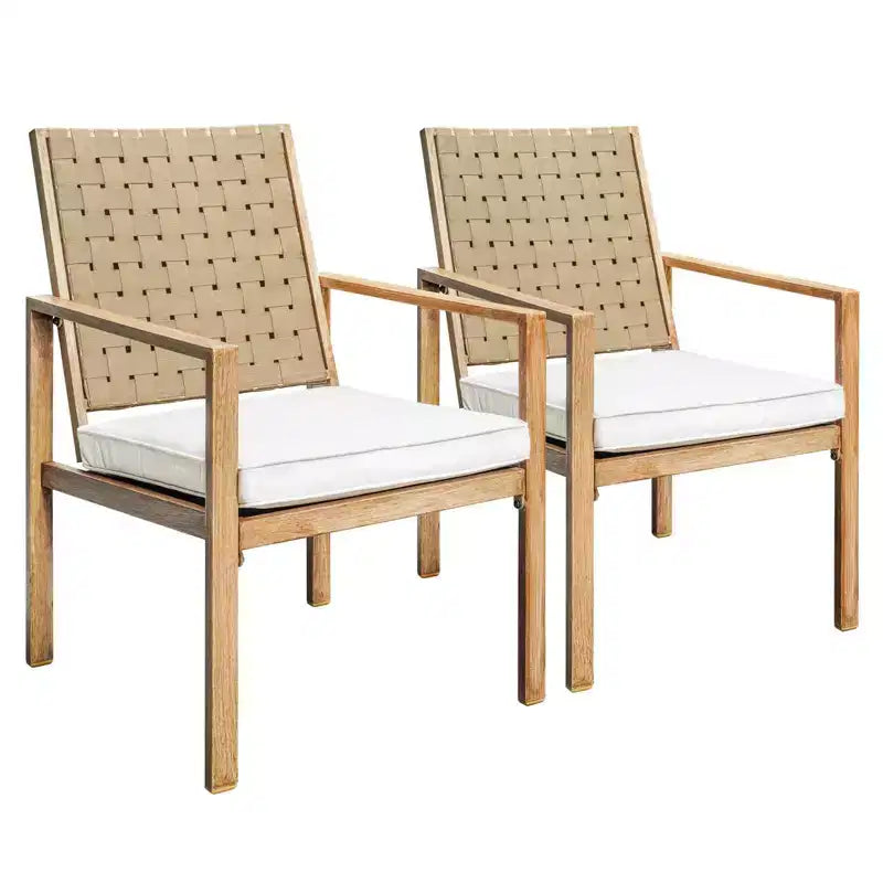 Set of 2 Patio Chairs, Hand-Made Drawstring Outdoor Dining Chairs Waterproof with Cushion, Metal Chairs for Patio, Deck, Garden, Yard - Wood Grain