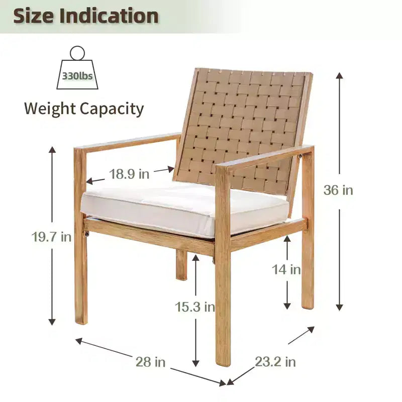 Set of 2 Patio Chairs, Hand-Made Drawstring Outdoor Dining Chairs Waterproof with Cushion, Metal Chairs for Patio, Deck, Garden, Yard - Wood Grain