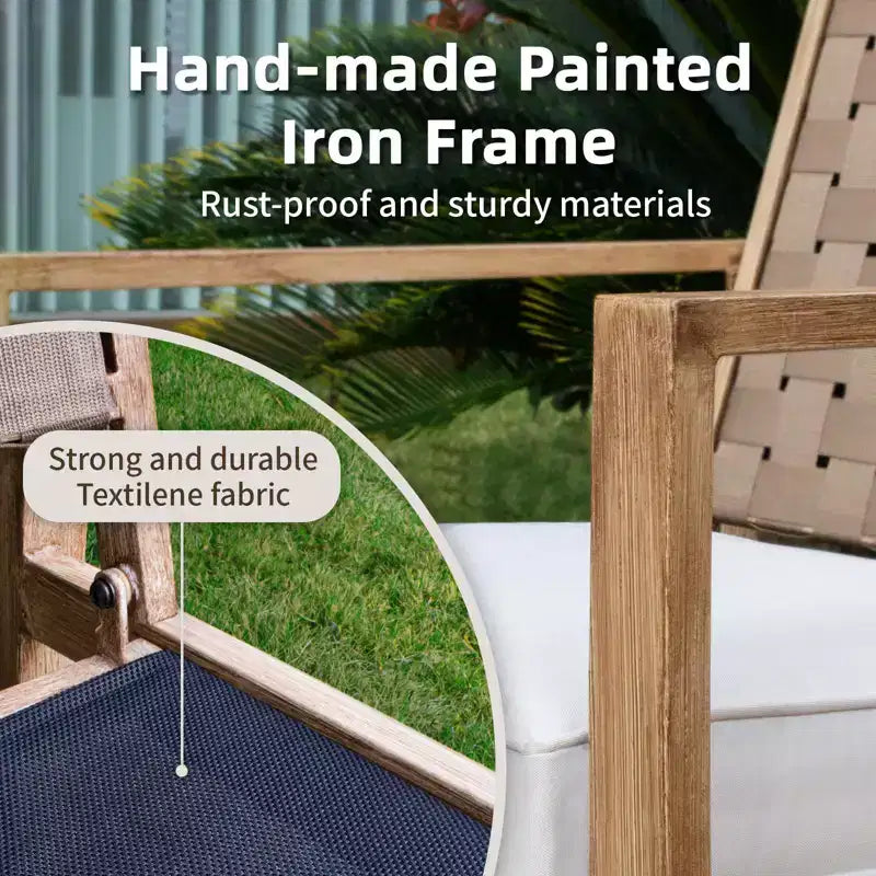 Set of 2 Patio Chairs, Hand-Made Drawstring Outdoor Dining Chairs Waterproof with Cushion, Metal Chairs for Patio, Deck, Garden, Yard - Wood Grain