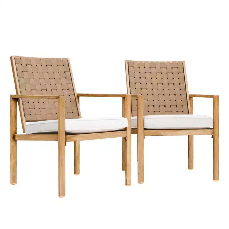 Set of 2 Patio Chairs, Hand-Made Drawstring Outdoor Dining Chairs Waterproof with Cushion, Metal Chairs for Patio, Deck, Garden, Yard - Wood Grain