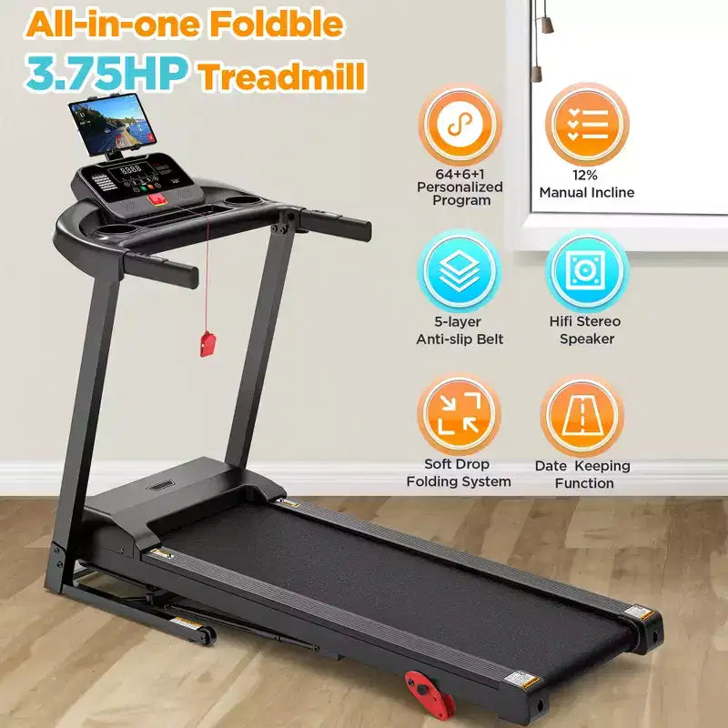 Tapis roulant da 3,75 HP, capacità 136 kg, tapis roulant pieghevole inclinabile, 64+7 programmi smart, 12 km/h, controllo tramite APP, tapis roulant per camminata e jogging a casa con altoparlante HiFi