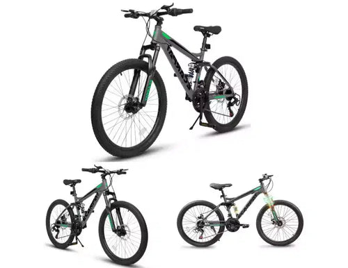 Bicicletta da montagna da 24 pollici, 21 velocità, con sospensioni complete, forcella anteriore e ammortizzatore, telaio in acciaio, bicicletta da città ergonomica per uomo e donna
