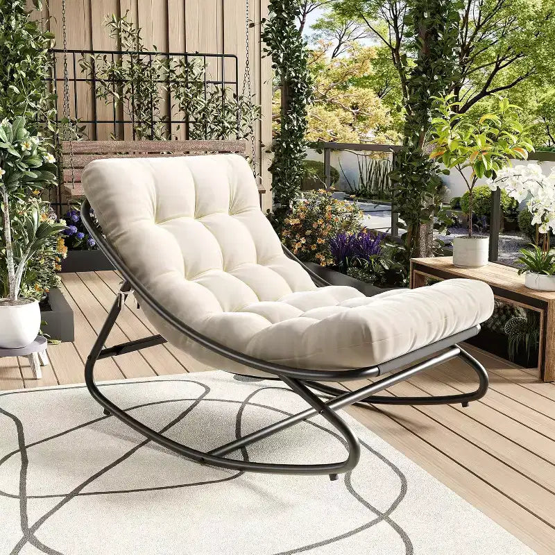 White Oversized Papasan Rocking Chair, Thick Cushion Papasan Chair with 450 LBs Capacity, Comfy Rocking Egg Chair for Indoor and Outdoor Use