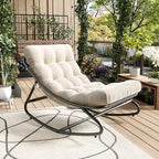 White Oversized Papasan Rocking Chair, Thick Cushion Papasan Chair with 450 LBs Capacity, Comfy Rocking Egg Chair for Indoor and Outdoor Use