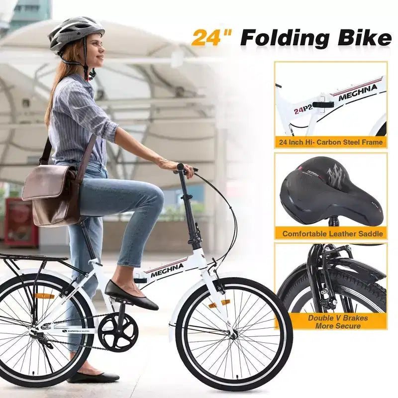 NAYSAYE Bicicletta Pieghevole da 24 Pollici per Adulti con Parafanghi, Telaio in Acciaio, Monovelocità, Bici da Città, Bianco Chiaro, 63*22.83*45.6