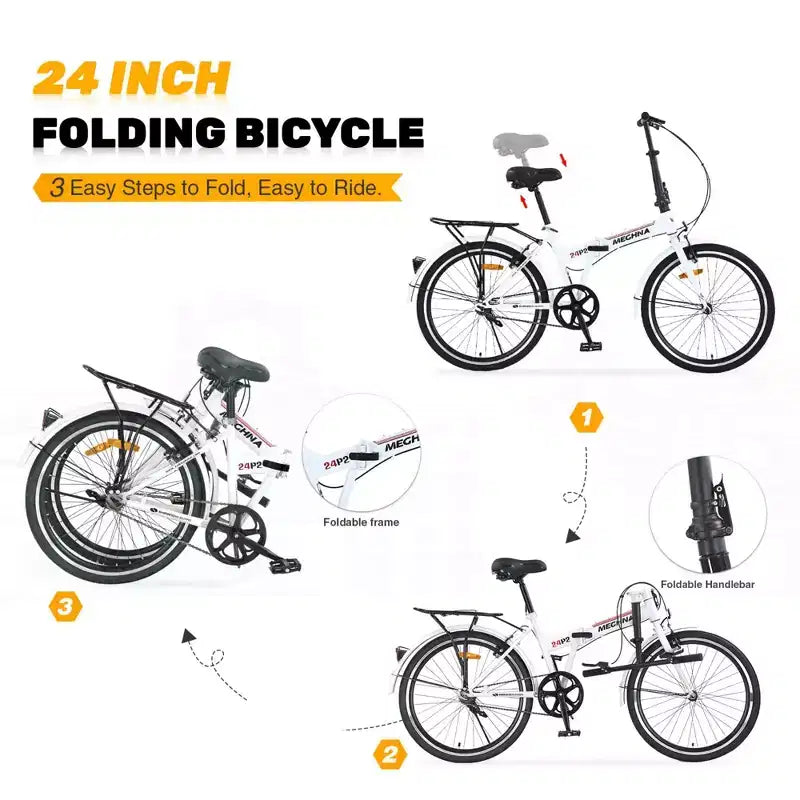 NAYSAYE Bicicletta Pieghevole da 24 Pollici per Adulti con Parafanghi, Telaio in Acciaio, Monovelocità, Bici da Città, Bianco Chiaro, 63*22.83*45.6