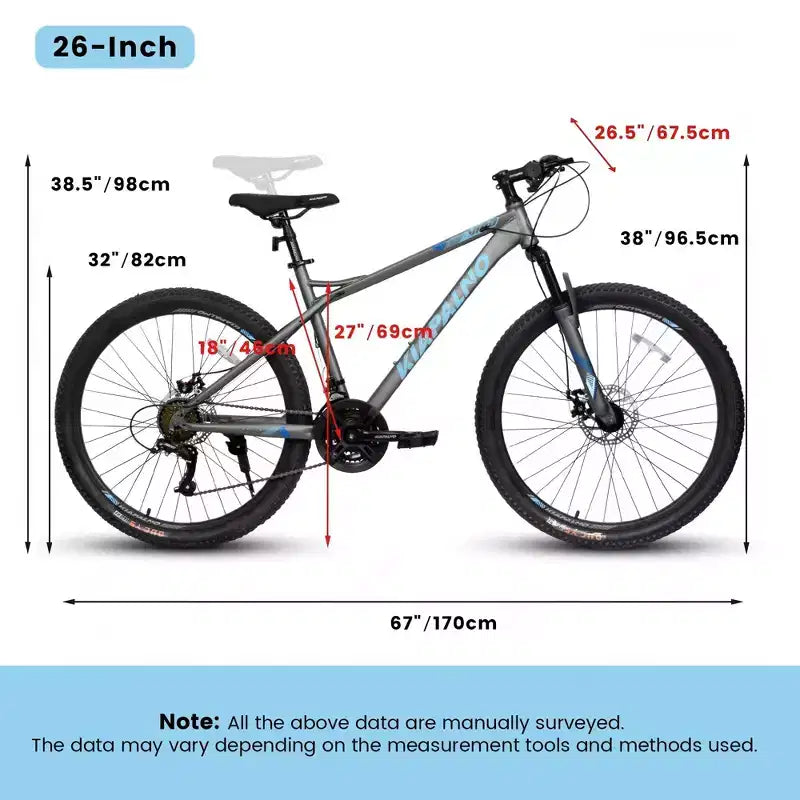 NAYSAYE Bicicletta Mountain Bike da 26 Pollici per Adulti e Adolescenti, Telaio in Acciaio, Freni a Disco, 21 velocità, per Fitness, Blu e Grigio, 67*26.5*38