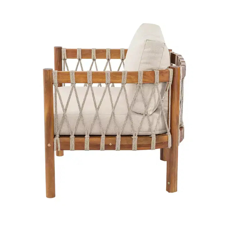 Christopher Knight Home Adalyn Outdoor Chair Acacia Wood with Beige Cushions and Rope Weave