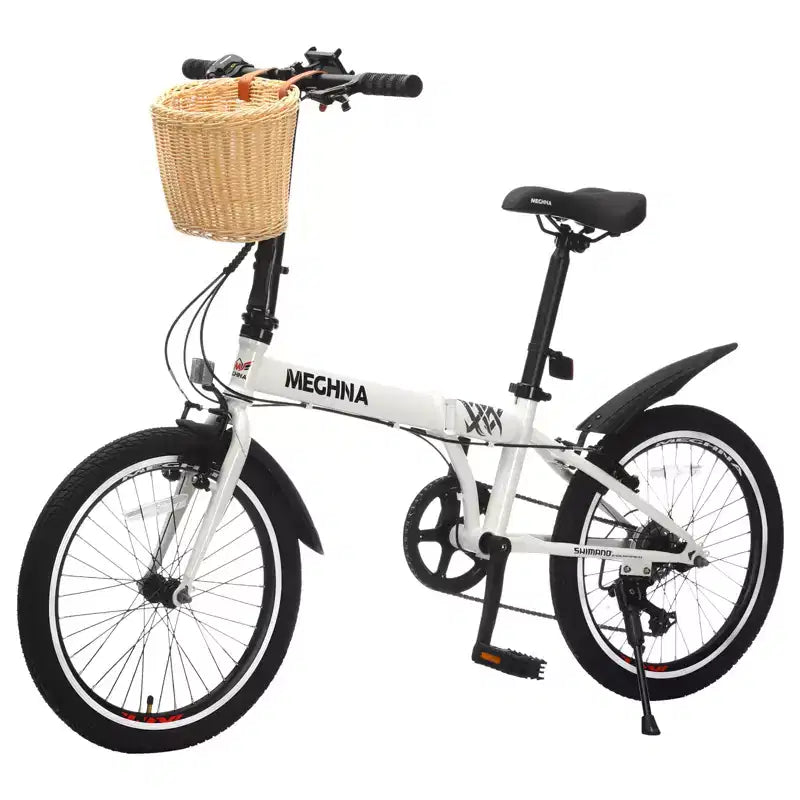 Bici Pieghevole da 20 Pollici per Adulti con Cestino, Supporto per Telefono e Parafanghi, Telaio in Acciaio, 6 Velocità, Bici da Città, Freni a V Doppi, Bici Portatile Compatta