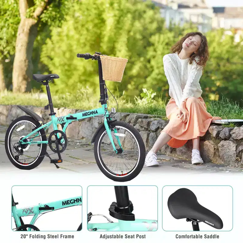 Bici Pieghevole da 20 Pollici per Adulti con Cestino, Supporto per Telefono e Parafanghi, Telaio in Acciaio, 6 Velocità, Bici da Città, Freni a V Doppi, Bici Portatile Compatta