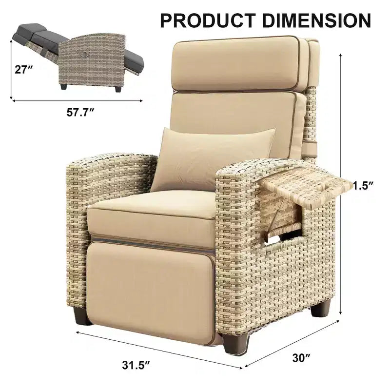 Outdoor Recliner Chair with Adjustable Backrest, Flip-Up Table and Removable Cushion  All-Weather Wicker Lounge Chair for Patio, Pool, Deck