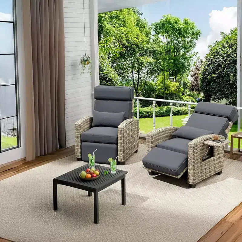 Outdoor Recliner Chair with Adjustable Backrest, Flip-Up Table and Removable Cushion  All-Weather Wicker Lounge Chair for Patio, Pool, Deck