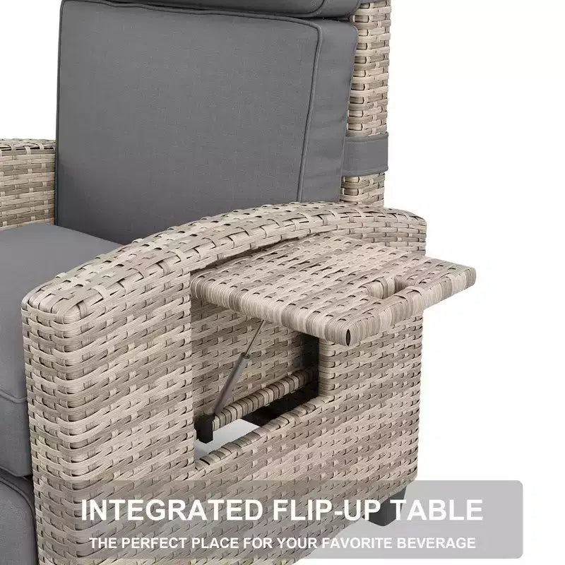 Outdoor Recliner Chair with Adjustable Backrest, Flip-Up Table and Removable Cushion  All-Weather Wicker Lounge Chair for Patio, Pool, Deck