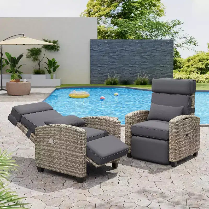 Outdoor Recliner Chair with Adjustable Backrest, Flip-Up Table and Removable Cushion  All-Weather Wicker Lounge Chair for Patio, Pool, Deck