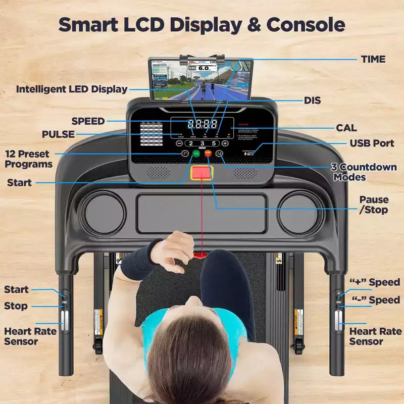 Tapis roulant pieghevole da 2,75HP con capacità di 136 kg, 3 livelli di inclinazione, velocità massima di 12 km/h, tapis roulant portatile per casa, 64+6+1 programmi, APP intelligente, altoparlanti stereo HiFi Bluetooth