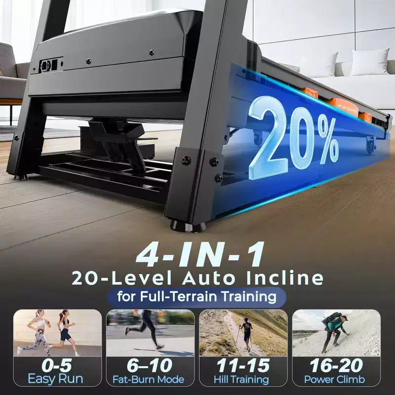 Tapis roulant pieghevole con inclinazione automatica a 20 livelli, velocità 12 MPH, controllo tramite APP, capacità 400 libbre, design soft-drop