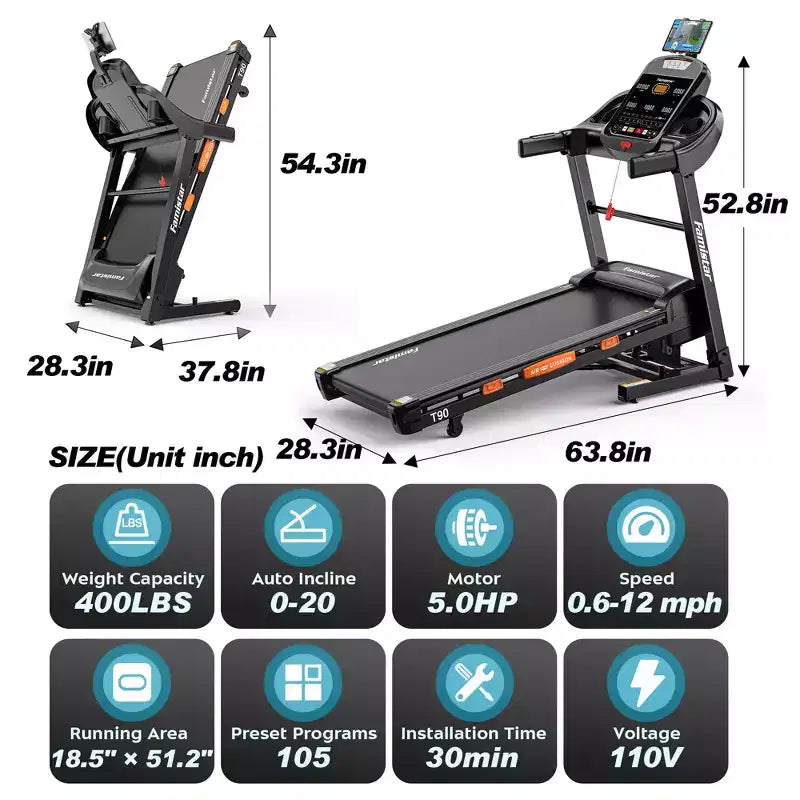 Tapis roulant pieghevole con inclinazione automatica a 20 livelli, velocità 12 MPH, controllo tramite APP, capacità 400 libbre, design soft-drop