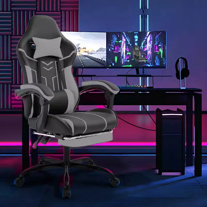 MAYEERTY Sedia da gaming, sedia da computer, sedia ergonomica con poggiapiedi e schienale lombare per soggiorno, nero grigio