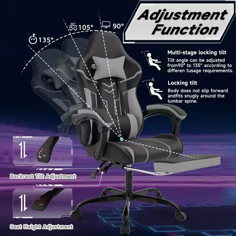 MAYEERTY Sedia da gaming, sedia da computer, sedia ergonomica con poggiapiedi e schienale lombare per soggiorno, nero grigio