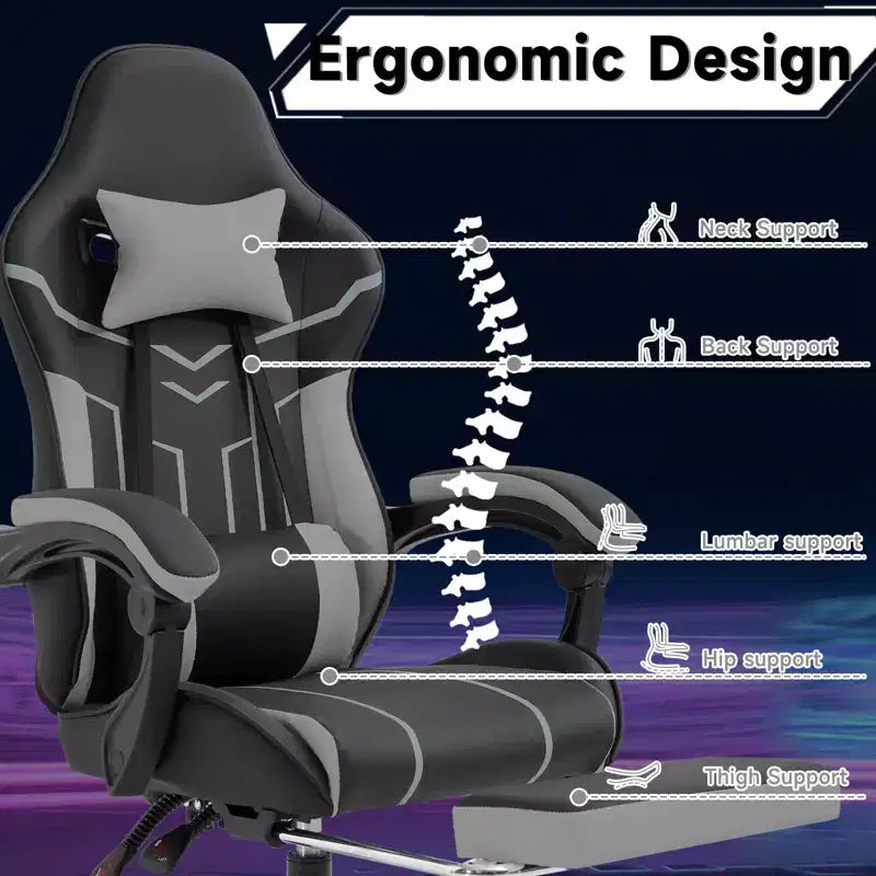 MAYEERTY Sedia da gaming, sedia da computer, sedia ergonomica con poggiapiedi e schienale lombare per soggiorno, nero grigio