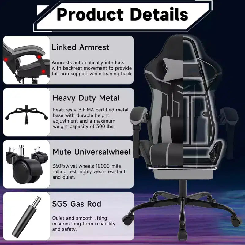 MAYEERTY Sedia da gaming, sedia da computer, sedia ergonomica con poggiapiedi e schienale lombare per soggiorno, nero grigio