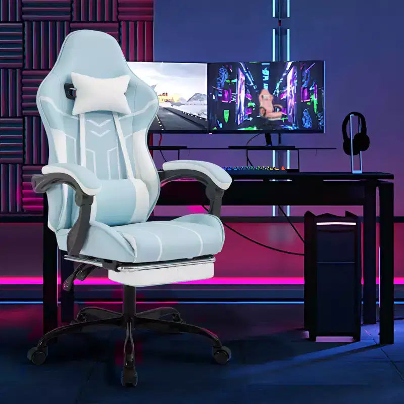 MAYEERTY Sedia da gaming, sedia da computer, sedia ergonomica con poggiapiedi, supporto lombare e schienale, per soggiorno, blu