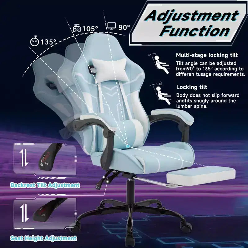 MAYEERTY Sedia da gaming, sedia da computer, sedia ergonomica con poggiapiedi, supporto lombare e schienale, per soggiorno, blu