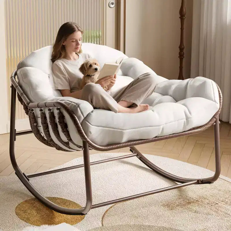 Outdoor Papasan Rocking Chair with Cushion, Wicker and Metal Frame Lounge Rocker for Patio, Porch, or Living Room, 350lb Capacity