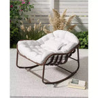Outdoor Papasan Rocking Chair with Cushion, Wicker and Metal Frame Lounge Rocker for Patio, Porch, or Living Room, 350lb Capacity