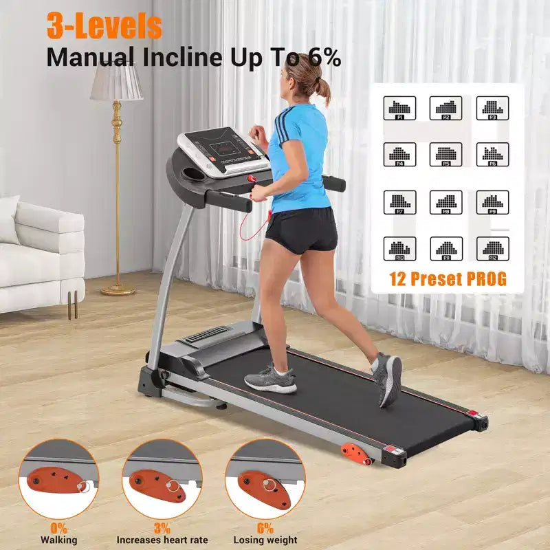 Tapis Roulant Pieghevole Facile da Usare a Casa, Macchina Elettrica da 2,5HP per Corsa, Jogging e Camminata con Supporto per Dispositivo e Sensore di Pulsazioni, Inclinazione Regolabile su 3 Livelli