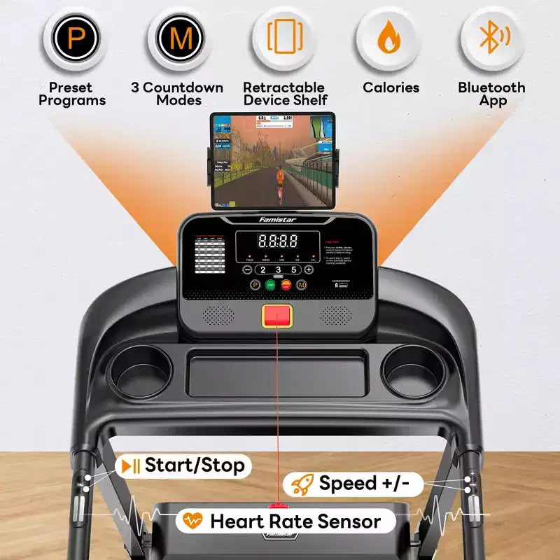 Tapis roulant per casa con inclinazione, tapis roulant pieghevole portata 136 kg, 0,96-12 km/h, controllo tramite APP, ammortizzazione, 64+3+3+1 programmi