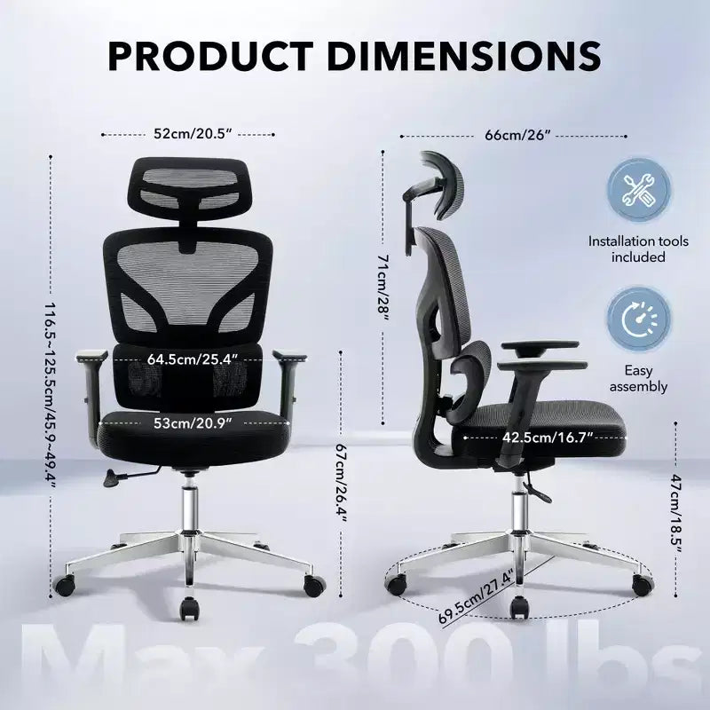 Sedia da ufficio ergonomica con schienale alto, sedia da gaming in mesh traspirante con supporto lombare regolabile e braccioli 3D