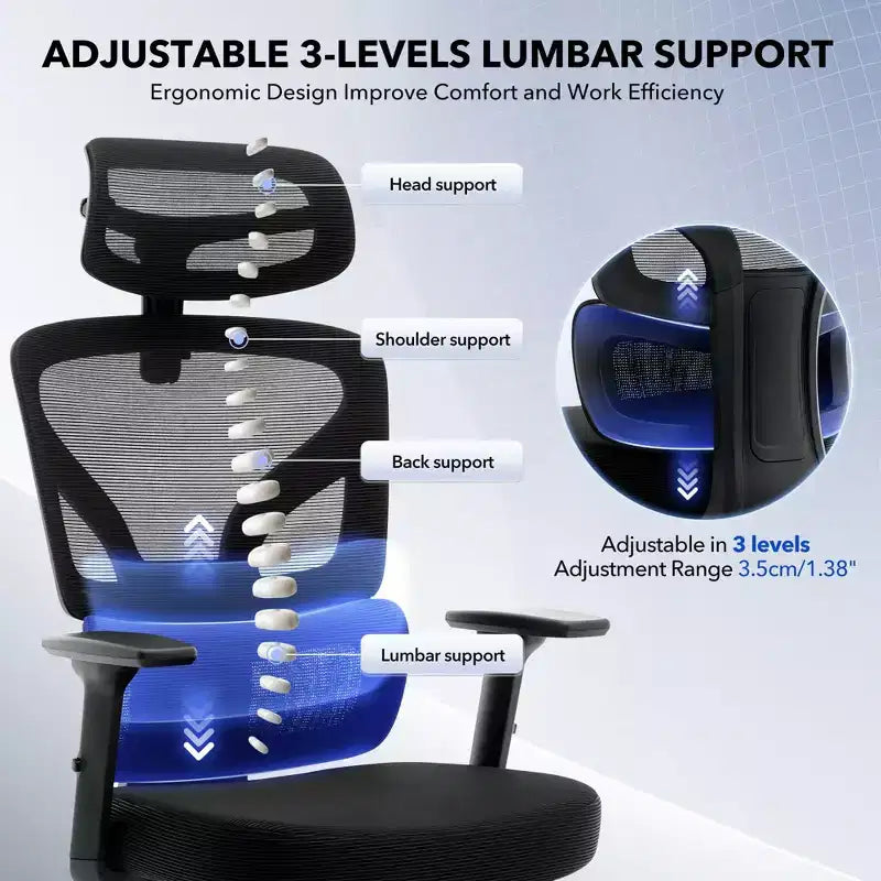 Sedia da ufficio ergonomica con schienale alto, sedia da gaming in mesh traspirante con supporto lombare regolabile e braccioli 3D