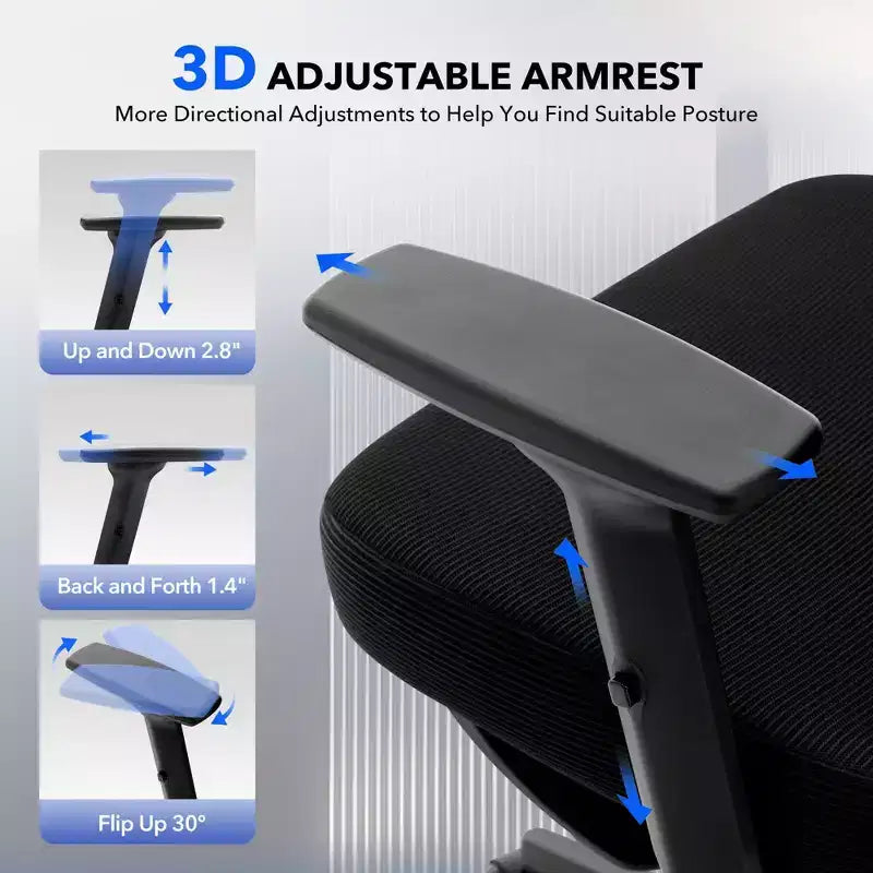 Sedia da ufficio ergonomica con schienale alto, sedia da gaming in mesh traspirante con supporto lombare regolabile e braccioli 3D