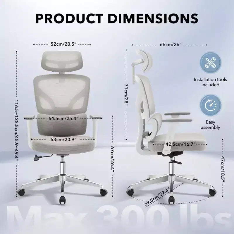 Sedia da ufficio ergonomica con schienale alto, sedia da gaming in mesh traspirante con supporto lombare regolabile e braccioli 3D