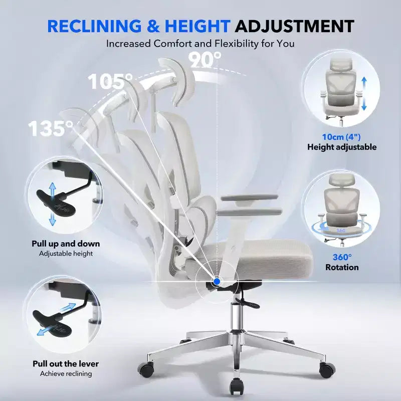 Sedia da ufficio ergonomica con schienale alto, sedia da gaming in mesh traspirante con supporto lombare regolabile e braccioli 3D