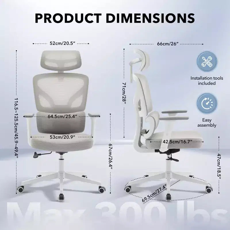 Sedia da ufficio ergonomica con schienale alto, sedia da gaming in mesh traspirante con supporto lombare regolabile e braccioli 3D